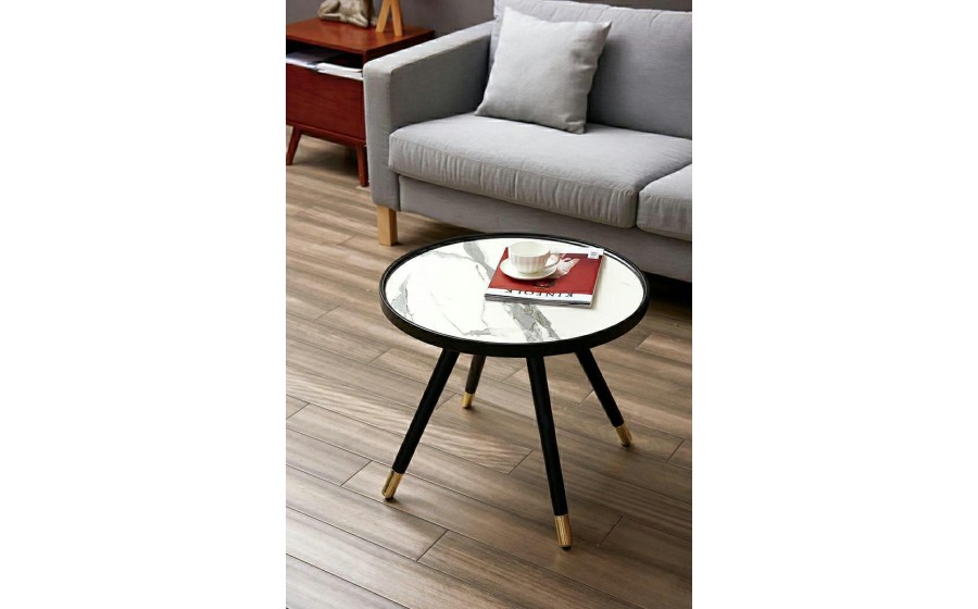 Stolik kawowy okrągły PADRINO 60 biały marmur czarna podstawa