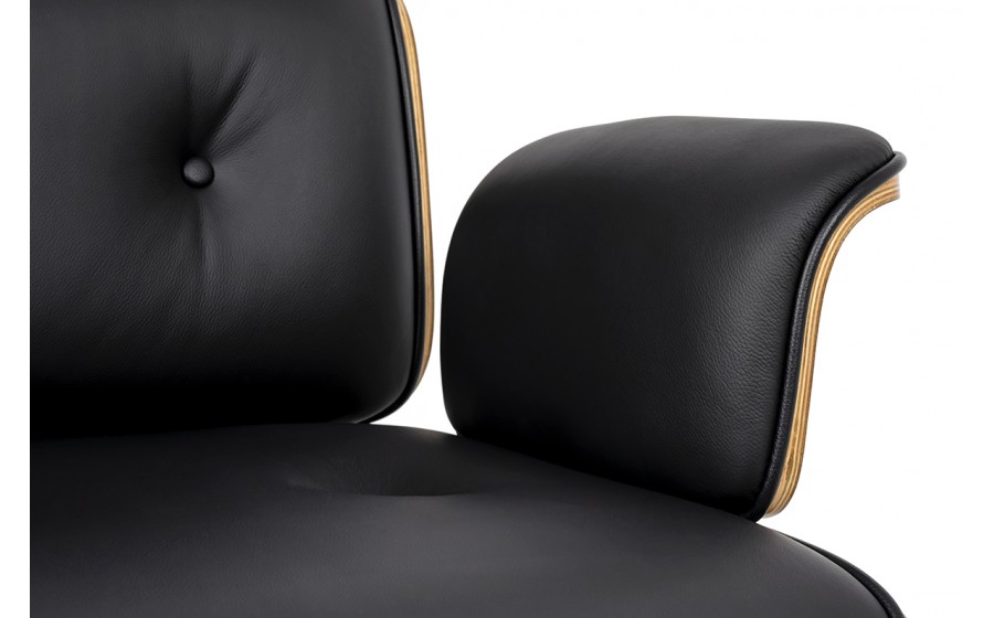 Fotel biurowy LOUNGE BUSINESS czarny z podnóżkiem - sklejka orzech, skóra naturalna, stal polerowana