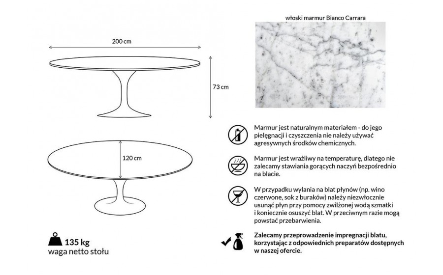 Stół TULIP ELLIPSE MARBLE CARRARA biały - blat owalny marmurowy, metal