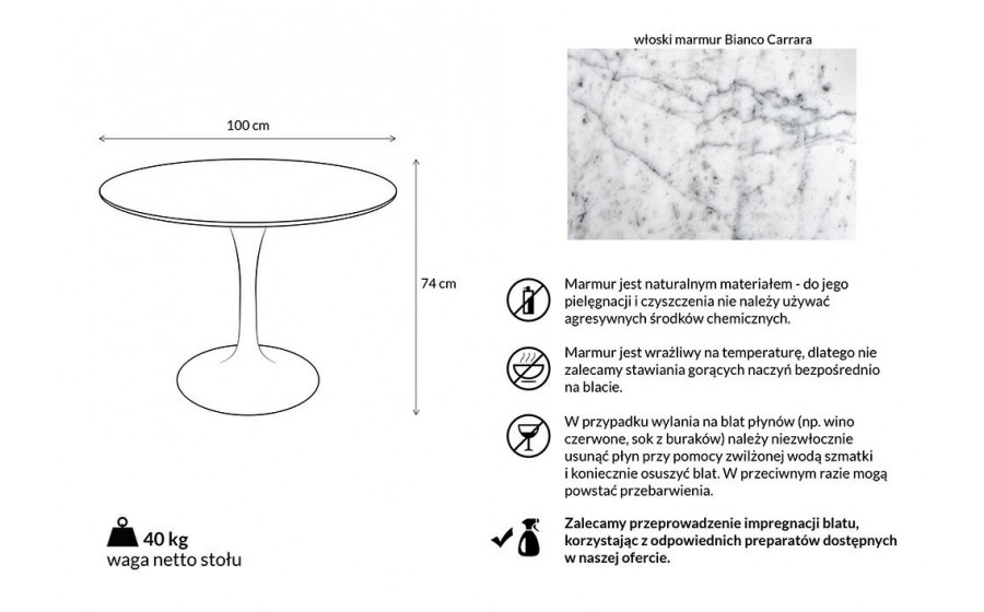 Stół TULIP MARBLE 100 CARRARA biały - blat okrągły marmurowy, metal