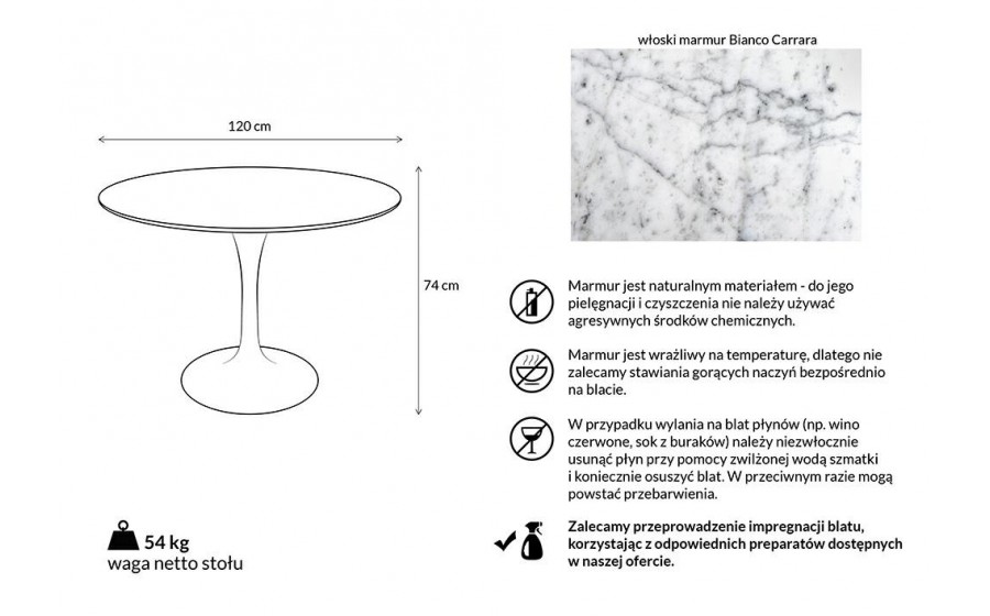 Stół TULIP MARBLE 120 CARRARA biały - blat okrągły marmurowy, metal