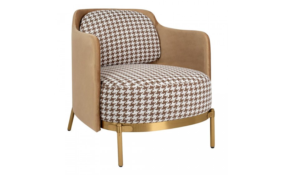 Fotel tapicerowany VENICE tkanina pepitka biały brązowowy złota podstawa