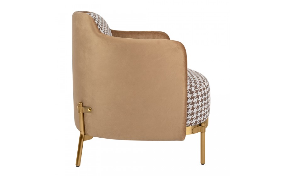 Fotel tapicerowany VENICE tkanina pepitka biały brązowowy złota podstawa