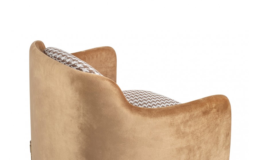 Fotel tapicerowany VENICE tkanina pepitka biały brązowowy złota podstawa