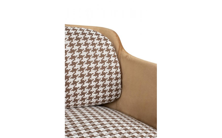 Fotel tapicerowany VENICE tkanina pepitka biały brązowowy złota podstawa