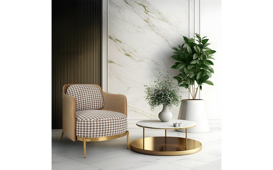 Fotel tapicerowany VENICE tkanina pepitka biały brązowowy złota podstawa