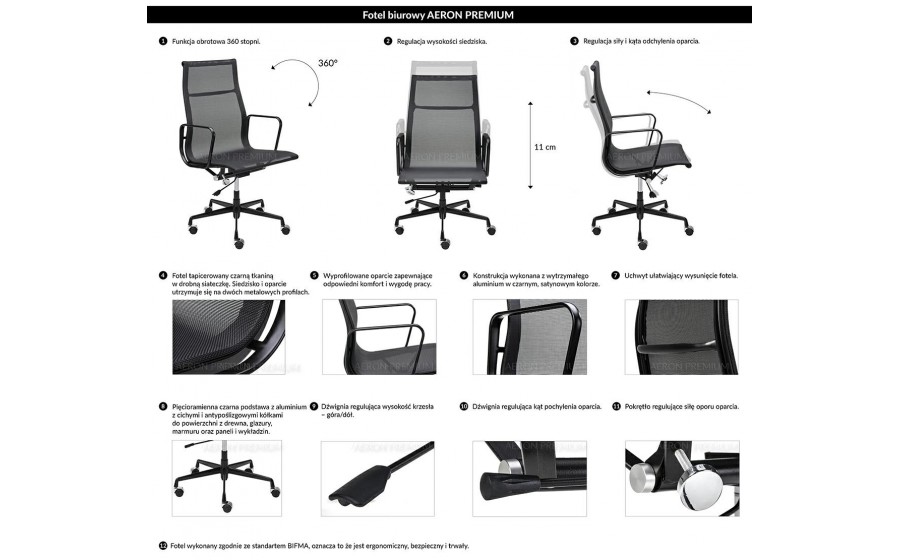 Fotel biurowy AERON PREMIUM czarny - siatka, aluminium