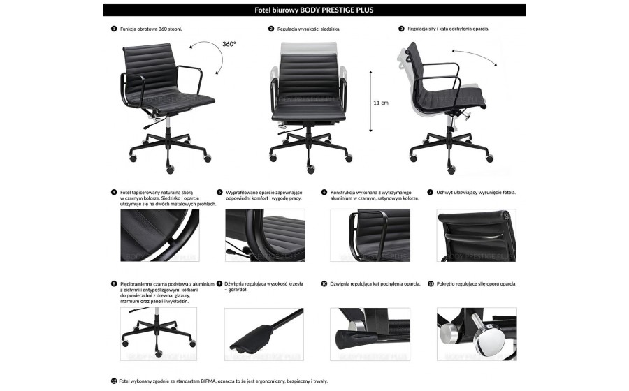 Fotel biurowy BODY PRESTIGE PLUS czarny - skóra naturalna, aluminium