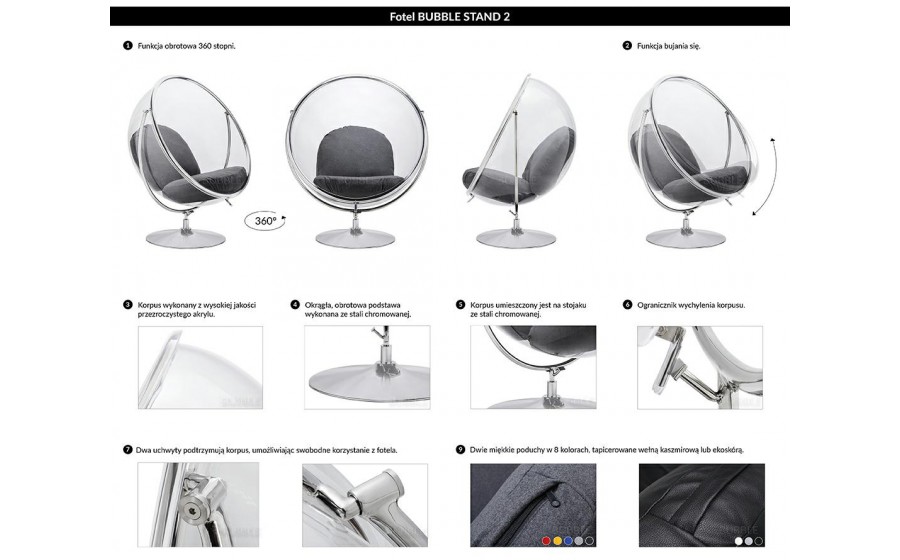 Fotel BUBBLE STAND 2 poduszka szara - akryl, chrom, wełna