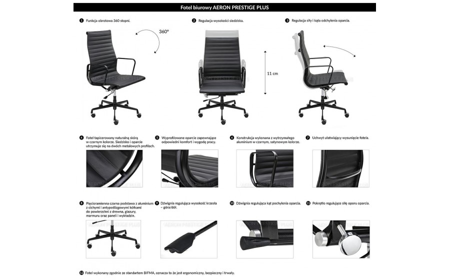 Fotel biurowy AERON PRESTIGE PLUS czarny - skóra naturalna, aluminium