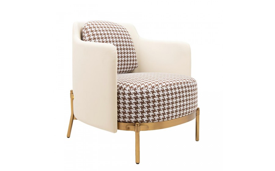 Fotel tapicerowany VENICE tkanina pepitka biało-brązowa - złota podstawa, beżowa ekoskóra