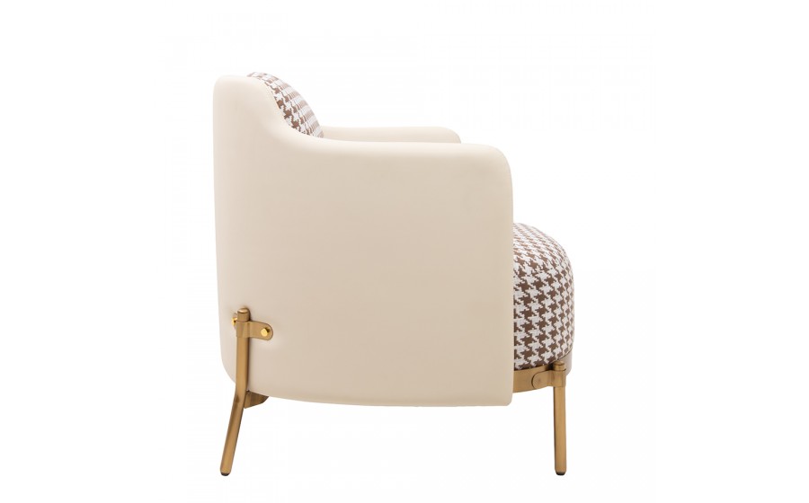 Fotel VENICE tkanina pepitka  biało-brązowa - złota podstawa, beżowa ekoskóra