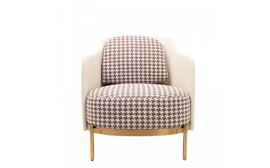 Fotel VENICE tkanina pepitka  biało-brązowa - złota podstawa, beżowa ekoskóra