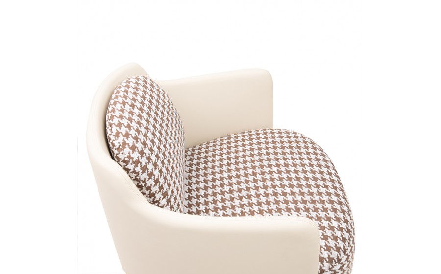 Fotel VENICE tkanina pepitka  biało-brązowa - złota podstawa, beżowa ekoskóra