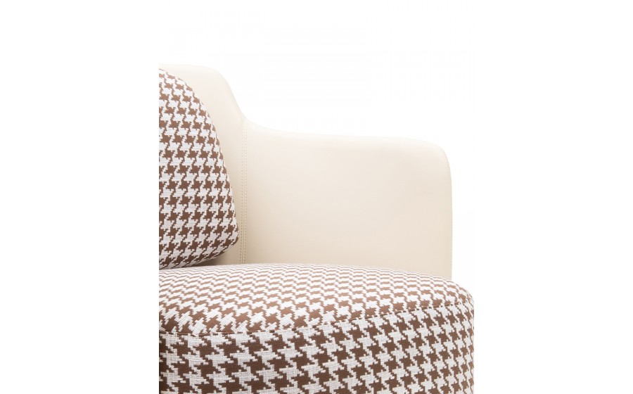 Fotel tapicerowany VENICE tkanina pepitka biało-brązowa - złota podstawa, beżowa ekoskóra