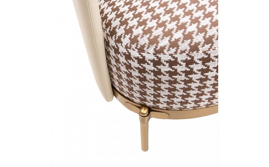 Fotel tapicerowany VENICE tkanina pepitka biało-brązowa - złota podstawa, beżowa ekoskóra