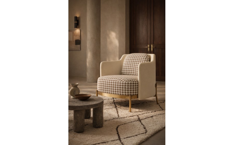 Fotel VENICE tkanina pepitka  biało-brązowa - złota podstawa, beżowa ekoskóra