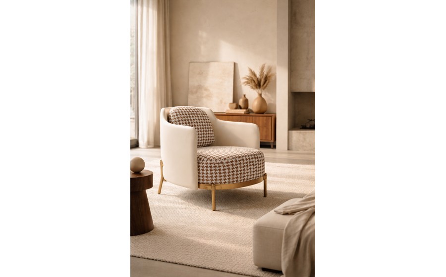 Fotel VENICE tkanina pepitka  biało-brązowa - złota podstawa, beżowa ekoskóra