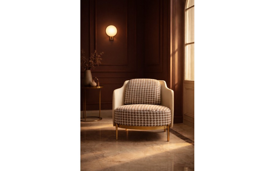 Fotel tapicerowany VENICE tkanina pepitka biało-brązowa - złota podstawa, beżowa ekoskóra