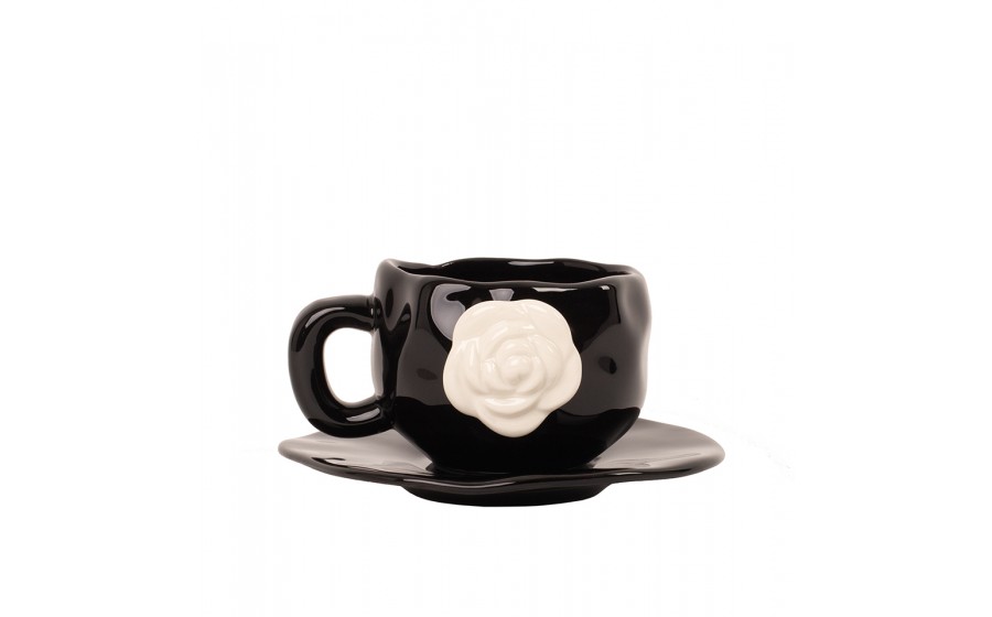Filiżanka ze spodkiem SHP BIAŁA RÓŻA COCO czarna