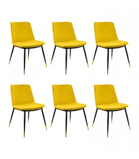 Zestaw 6 krzeseł tapicerowanych do jadalni DIEGO żółte - welur, podstawa czarno złota